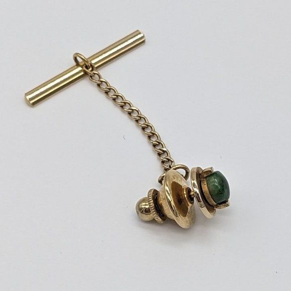 Signed Vintage SWANK Karat Gold MCM Genuine Jade Cufflinks & Tie Tack Pin Set - Picture 6 of 12